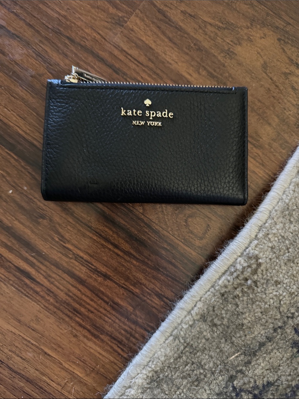 kate spade Black Leather Zip Card Case with Gold Logo